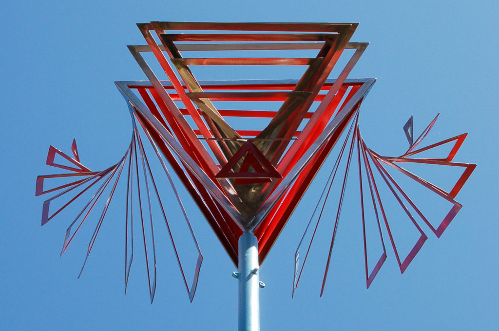 stainless, steel, tetrahedron, red, optical, expansion, abstract, geometric, sculpture, challenge, Aspinall
