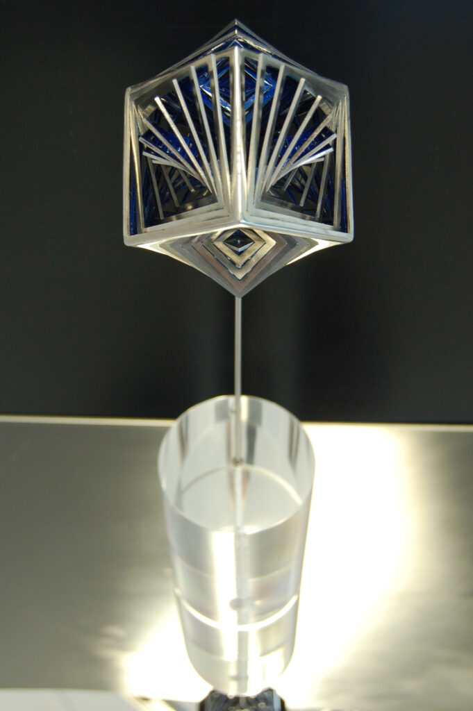 stainless, steel, cube, blue, optical, kinetic, expansion, abstract, geometric, sculpture, Aspinall